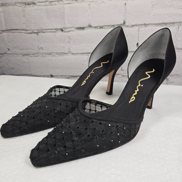 WOMENS NINA D'ORSAY PUMPS BLACK WITH MESH RHINESTONE FORMAL SIZE 7 - Picture 3 of 9